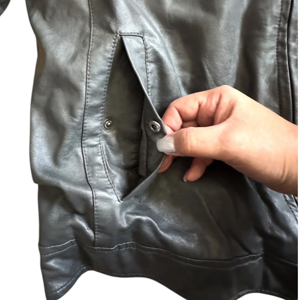 Kenneth Cole Reaction Mens Faux Leather Hooded Moto Jacket Gray Size M‎